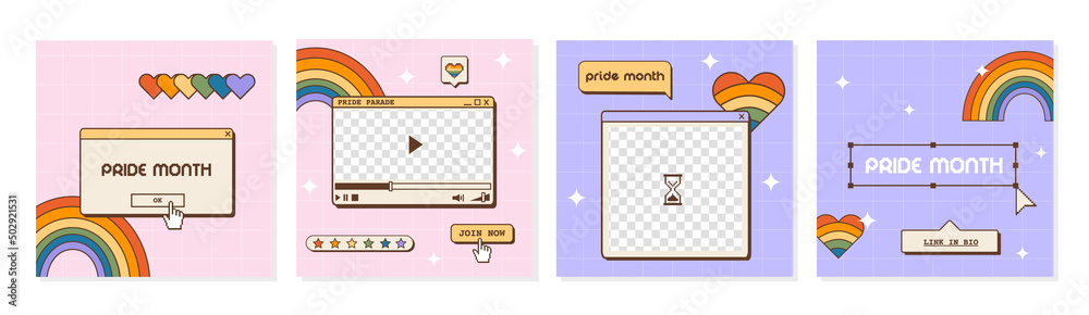 Set of vaporwave retro futuristic lofi social media post for LGBTQ Pride Month. 80s 90s Y2K aesthetic square banners. Queer greeting cards with old computer dialog window, rainbow and heart. Vector. Set of vaporwave retro futuristic lofi social media post for LGBTQ Pride Month. 80s 90s Y2K aesthetic square banners. Queer greeting cards with old computer dialog window, rainbow and heart. Vector.