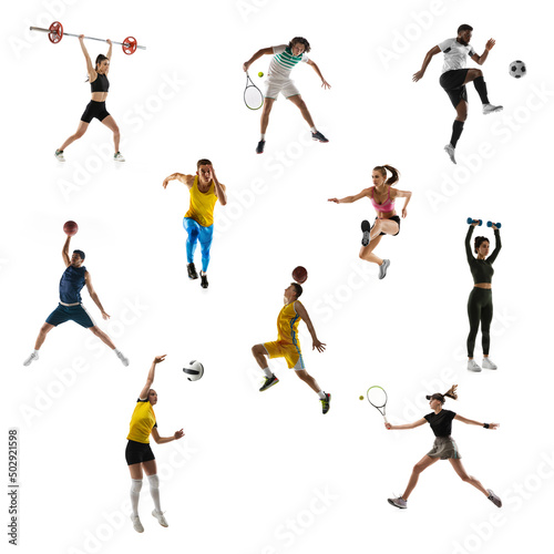 Sport collage. Tennis, running, badminton, soccer or football, basketball, handball, volleyball, weightlifter and gymnast. © master1305