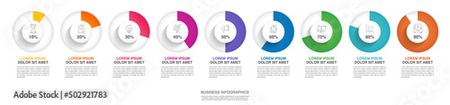 Vector infographic design template. Modern concept with 9 steps. Creative timeline with graph elements, percentage circles and icons. Performance analysis in percent