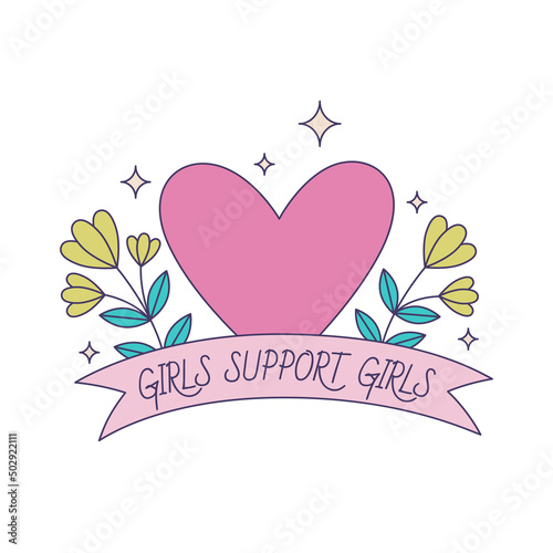Feminist vector sticker Girls Support Girls . Female movement badge with inspirational quote. Women empowerment concept illustration.