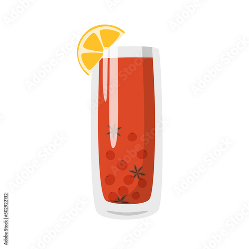 Vector illustration of cranberry punch. Hot drink. Christmas punch cocktail with berries and citrus fruits.