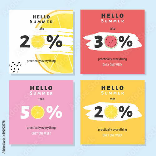 Set summer flyer sale with watermelon and lemon. Sale 20%, 30% 50%. Summer sale
