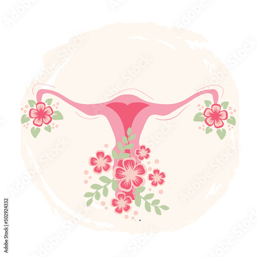Female Reproductive System with Flowers. Feminine Gynecology. Anatomical Female Uterus, Ovaries. Vagina Symbol Menstruation. Hand Drawn Uterus, Womb Female Reproductive Organs. Vector illustration.