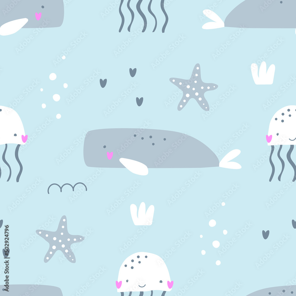 Seamless pattern with cute animals of the underwater world whale, midusa and starfish made in handmade lines. Vector illustration waiting for printing. Cute baby background.