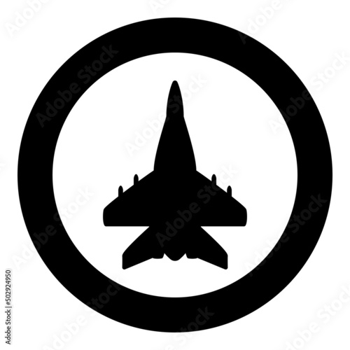 Jet plane fighter reactive pursuit military icon in circle round black color vector illustration image solid outline style