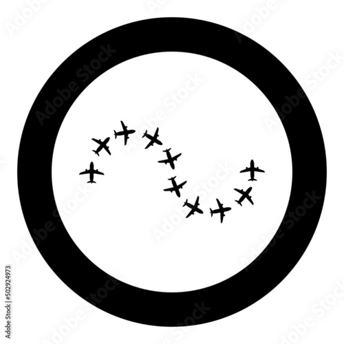 Route from airplanes flight tourism path plane flights adventure time concept itinerary fly icon in circle round black color vector illustration image solid outline style