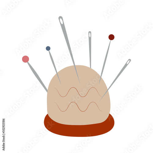 Pincushion with pins and needles vector illustration. Sewing equipment.