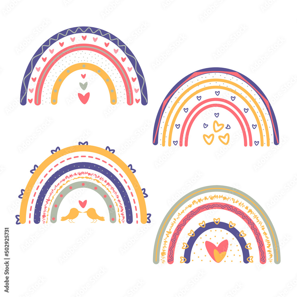 Set of different rainbows with hearts, dots. Cute bright collection on white background. Set of different rainbows with hearts, dots. Cute bright collection on white background.