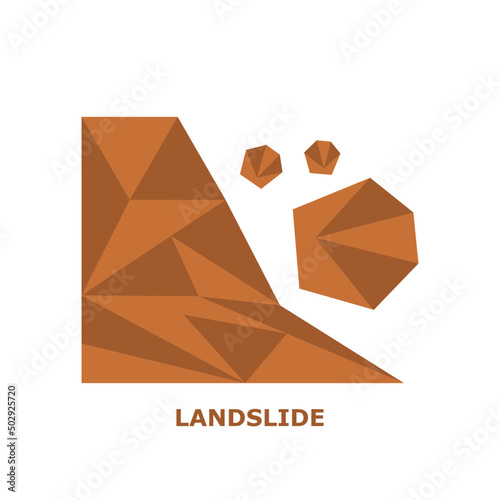 Beware of rockfall mountain hill landslide natural disaster warning sign brown icon polygon flat vector design.