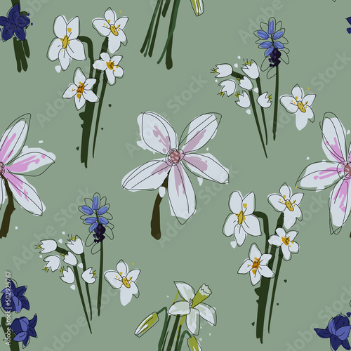 Seamless floral pattern. Vector artistic flowers and leaves. Botanical hand drawn illustration