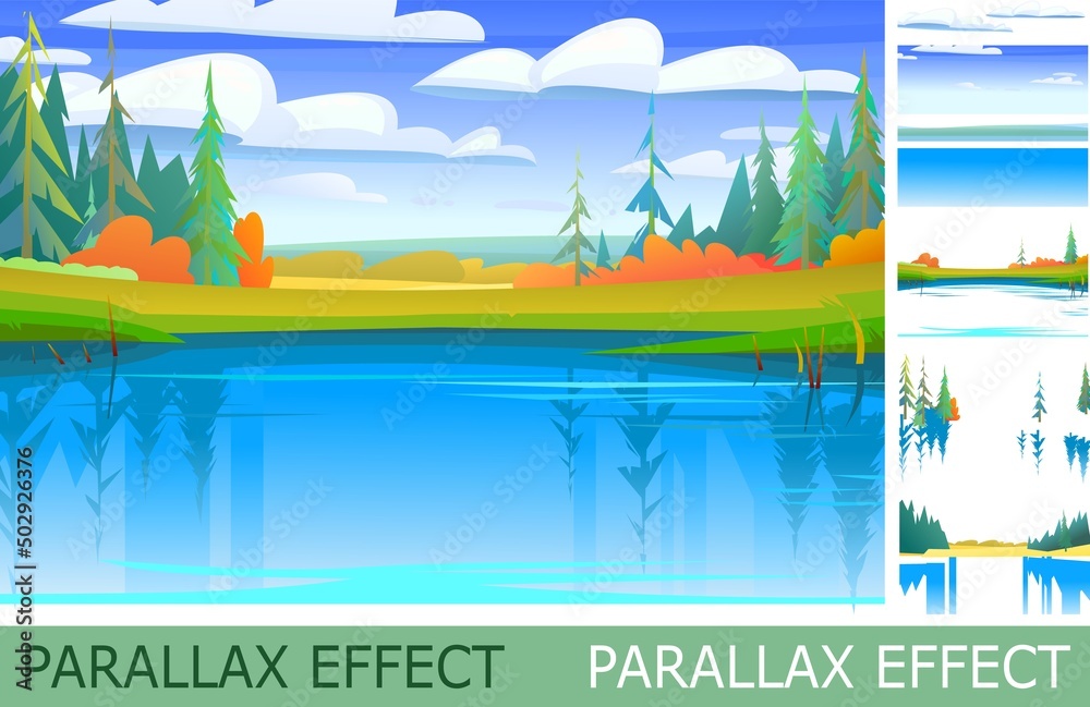 Fototapeta premium Beautiful autumn rural landscape with parallax effect. Rustic wildlife. Village is pasture and vegetable garden. Harvest time of year. Yellow and orange scene. Light blue sky. Small pond Vector