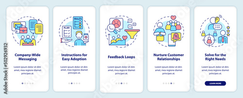 Solving for customer needs onboarding mobile app screen. Walkthrough 5 steps graphic instructions pages with linear concepts. UI, UX, GUI template. Myriad Pro-Bold, Regular fonts used