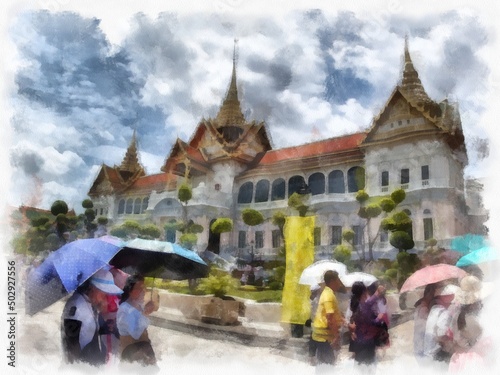 Landscape of ancient architecture and ancient art in the Grand Palace, Wat Phra Kaew Bangkok watercolor style illustration impressionist painting.