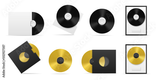 Vinyl record realistic set. Collection of disks with the best songs of group. Music albums and playlists for fans, trophies and awards. Isometric vector illustrations isolated on white background
