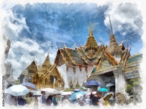 Landscape of ancient architecture and ancient art in the Grand Palace, Wat Phra Kaew Bangkok watercolor style illustration impressionist painting. © Kittipong
