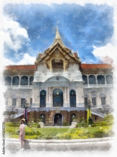 Landscape of ancient architecture and ancient art in the Grand Palace, Wat Phra Kaew Bangkok watercolor style illustration impressionist painting. © Kittipong