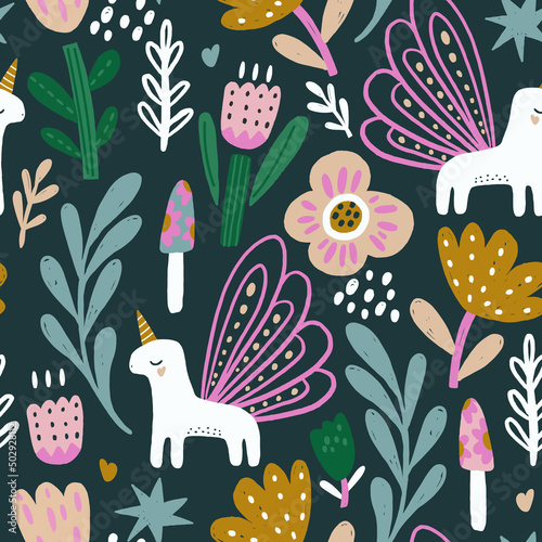 Seamless floral pattern with hand drawn flowers and fairy unicorns. Spring summer blossom background. Perfect for fabric design, wallpaper, apparel. Vector illustration