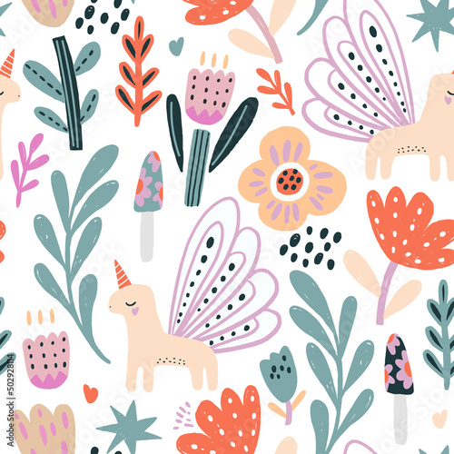 Seamless floral pattern with hand drawn flowers and fairy unicorns. Spring pastel summer blossom background. Perfect for fabric design, wallpaper, apparel. Vector illustration