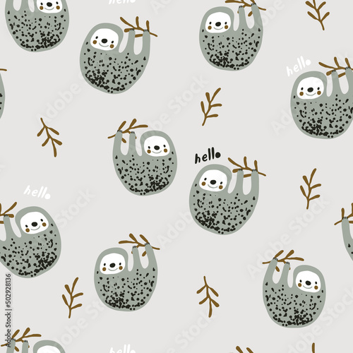 Seamless childish jungle pattern with baby sloth jungle florals. Perfect for fabric,textile. Creative Vector background