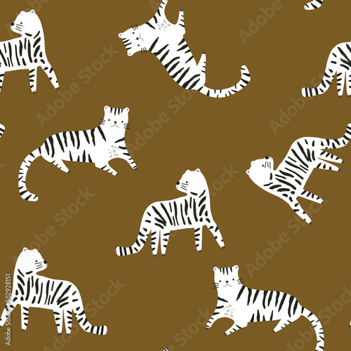 Seamless childish jungle pattern with hand drawn tigers. Perfect for fabric,textile. Creative Vector background