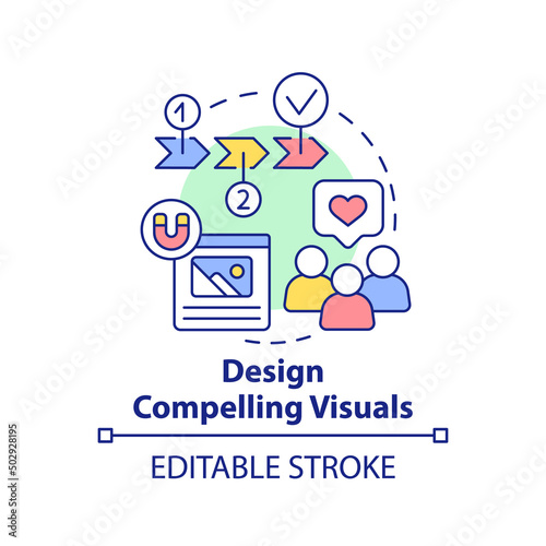 Design compelling visuals concept icon. Capturing images. Customer attention span abstract idea thin line illustration. Isolated outline drawing. Editable stroke. Arial, Myriad Pro-Bold fonts used