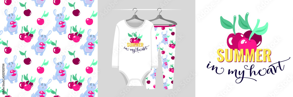 Fototapeta premium Seamless pattern and illustration set with cute little bunny and berry, Summer in my heart text. Cute design pajamas on a hanger. Baby background for apparel, room decor, tee prints, baby shower