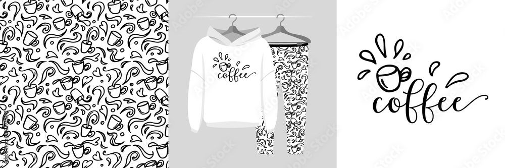 Seamless pattern and illustration set with morning cup of coffee. Baby design pajamas, background for apparel, room decor, tee prints, baby shower, fabric design, wrapping