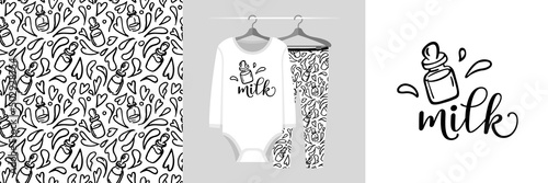 Seamless pattern and illustration set with baby food bottle. Baby design pajamas, background for apparel, room decor, tee prints, baby shower, fabric design, wrapping