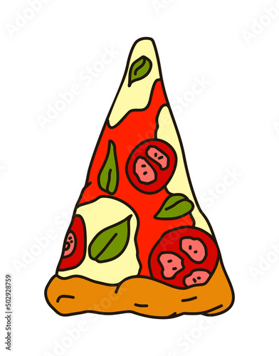 Delicious pizza vector illustration isolated on white background. Triangular slice of margarita pizza. Vector sticker icon.