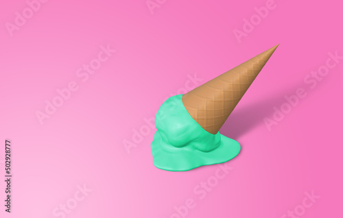 Green lemon sorbet ice cream cone melting and dropped onto the pink floor. 3D rendering Image.