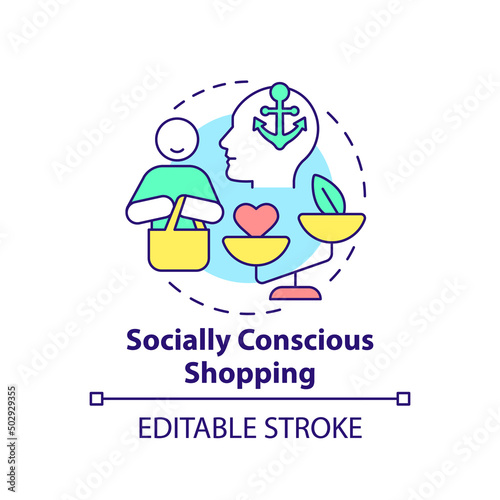 Socially conscious shopping concept icon. Customer behavior trend abstract idea thin line illustration. Isolated outline drawing. Editable stroke. Arial, Myriad Pro-Bold fonts used