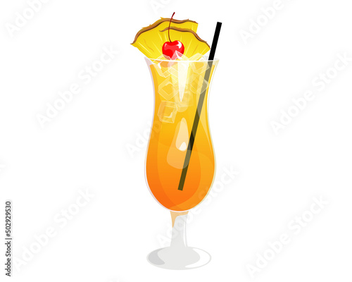 Mai Tai cocktail.Summer refreshing drink with pineapple slices, cherries and ice cubes.Vector illustration on a white background.