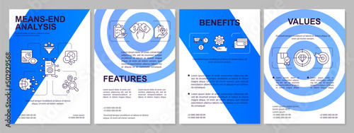 Means end analysis categories blue brochure template. Customer needs. Leaflet design with linear icons. 4 vector layouts for presentation, annual reports. Arial-Black, Myriad Pro-Regular fonts used