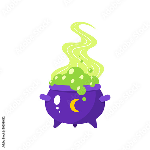 Magic cauldron icon. Cartoon illustration of a cauldron with boiling green magic potion isolated on a white background. Vector 10 EPS.