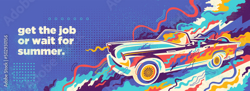Summer background design in abstract style with retro convertible and colorful splashing shapes. Vector illustration.