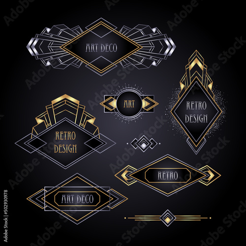 Art Deco vintage gold and silver design element over black. Retro party geometric background set ,1920s style. Vector illustration for glamour party, thematic wedding or textile prints.