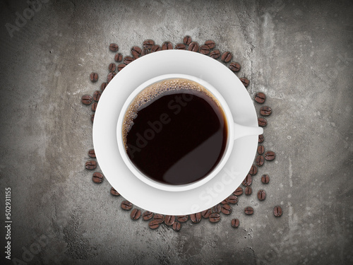 Top view of a Coffee cup and beans on a cement floor background