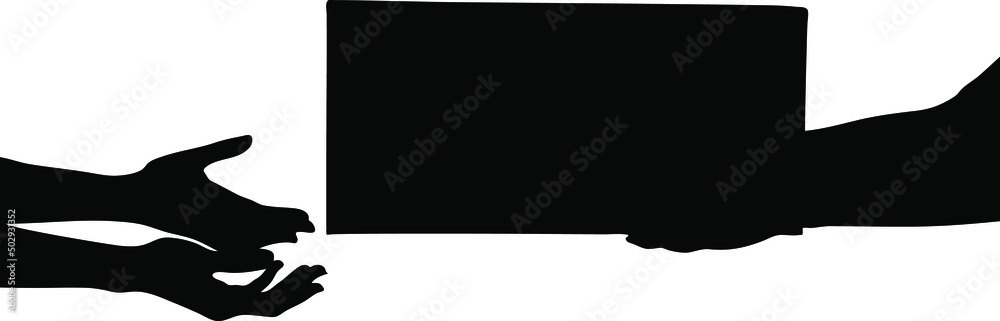 Man hand pass the box to woman vector silhouette, deliver cargo, isolated on white background, passing the box description fill with black color, shadow idea, cargo and transportation concept Man hand pass the box to woman vector silhouette, deliver cargo, isolated on white background, passing the box description fill with black color, shadow idea, cargo and transportation concept