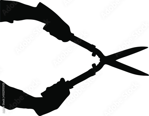 Big size secateurs on hand vector silhouette, using pruning shears, isolated on white background, fill with black color tree and shrub pruner, bonsai and garden tool idea, garden pruning concept