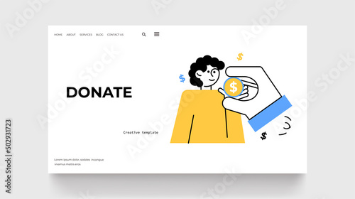 Donation concept landing page. Mand and hand with coin