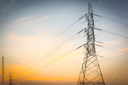 high voltage post, high voltage tower background, sunset sky