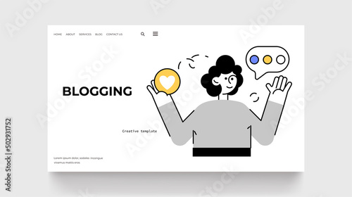 Woman bloger concept. Vector illustration in outline style
