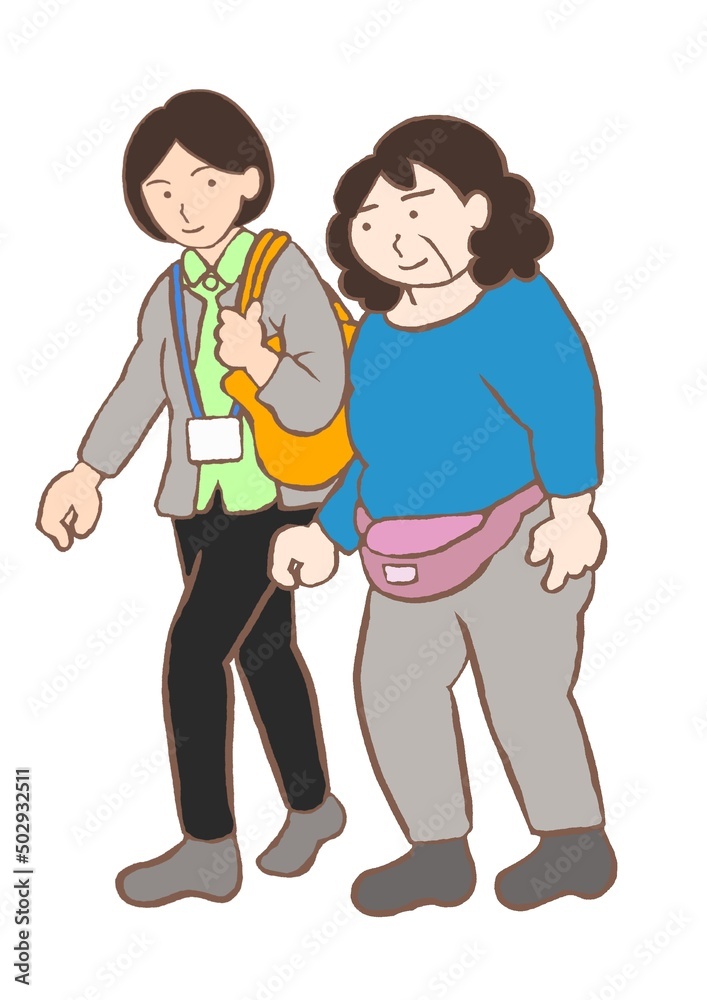 精神科入院中の統合失調症の女性と外出する精神保健福祉士のイラスト 精神科入院中の統合失調症の女性と外出する精神保健福祉士のイラスト