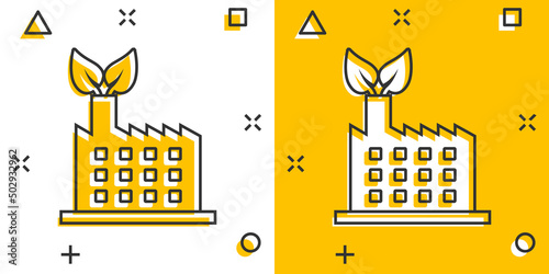 Factory ecology icon in comic style. Eco plant cartoon vector illustration on white isolated background. Nature industry splash effect business concept.