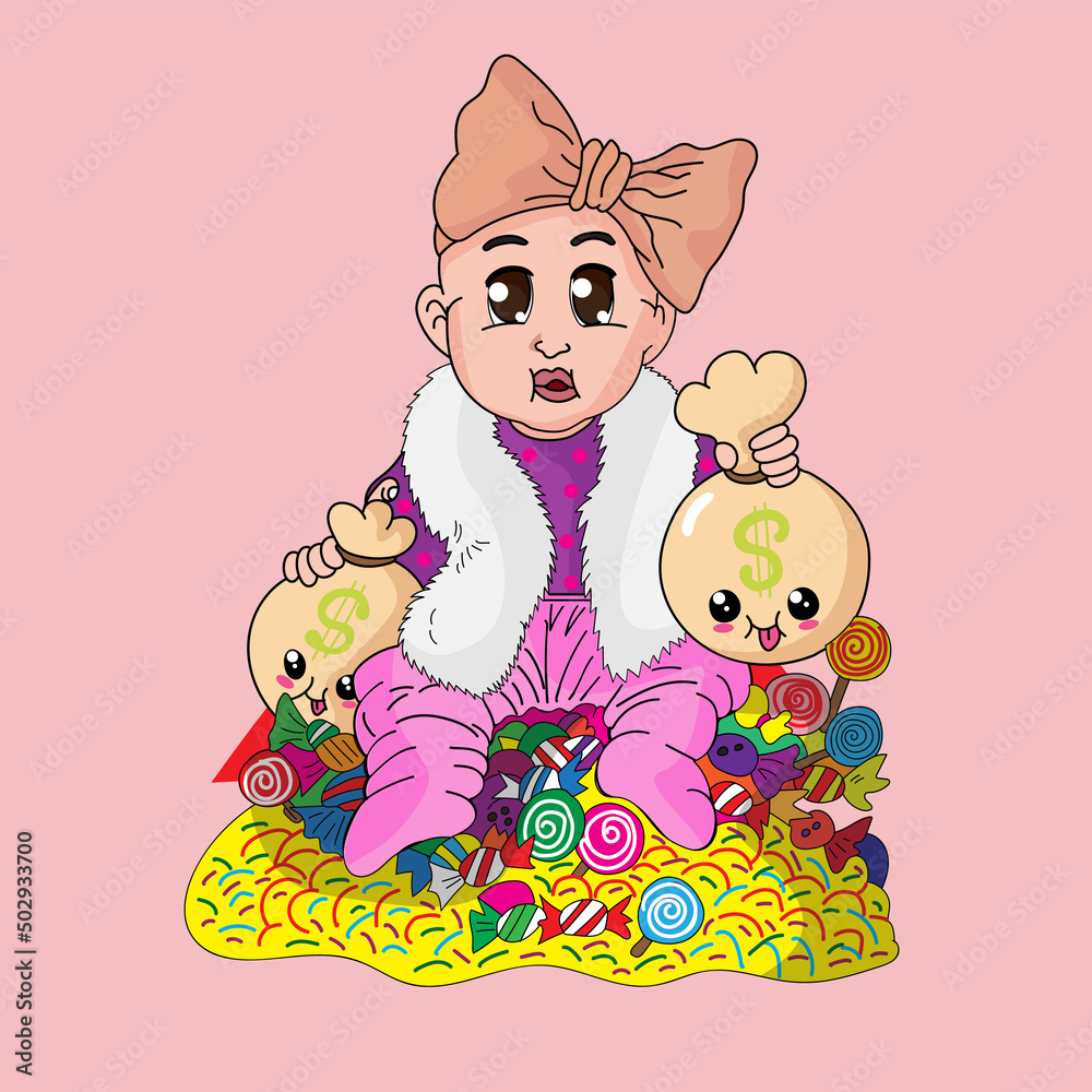 cartoon cute baby with candy and money bag