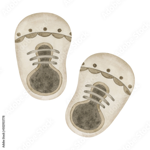 Newborn baby vintage brown neutral footwer watercolor illustration. Cute hand drawn baby shower design element. Isolated clipart element on white background. Baby shoes illustartion.