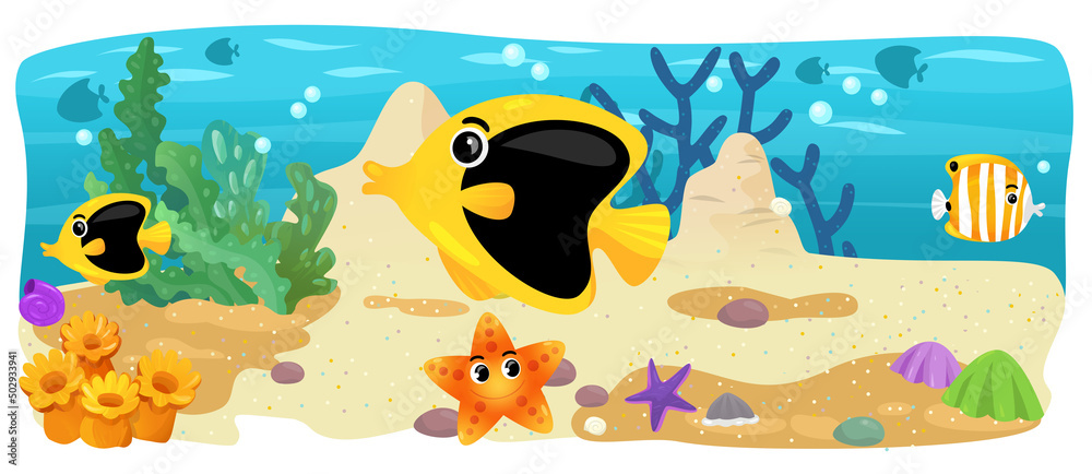 Cartoon ocean and the mermaid underwater swimming Cartoon ocean and the mermaid underwater swimming