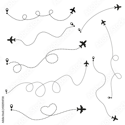 Airplane routes on white background. Romantic travel concept. Airplane line path, vector icon of air plane flight route on white background. Vector illustration.