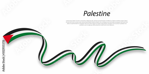 Waving ribbon or banner with flag of Palestine.