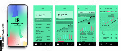 Design of a Mobile Application and Site, UI. Set of GUI Screens with Login and Password input, showing the Card, balance and payments interface. Vector Mockup